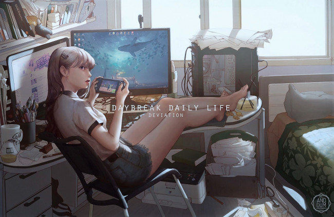 Обои картинки фото аниме, оружие,  техника,  технологии, девушка, комната, гаджеты