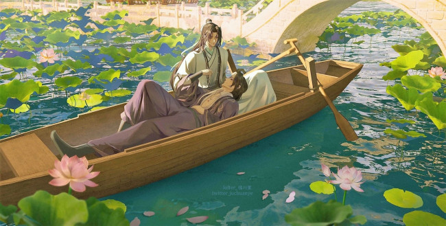 Обои картинки фото аниме, thousand autumns, персонажи, лодка, лотосы
