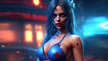 Картинка undead+girl+blue+-+by+biovolkvk 3д+графика фантазия+ fantasy undead girl zombie vampire biovolkvk