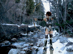 Картинка 3д графика amazon амазонки лучница камни река доспехи зима лес стрела лук