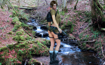 Картинка 3д графика military рюкзак лара крофт пистолет попка граната лес водопад