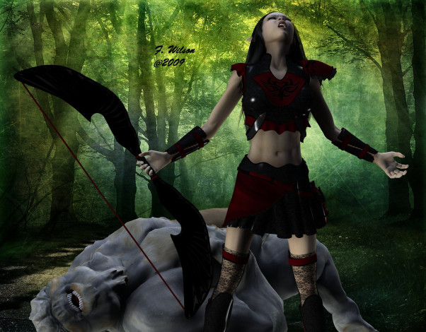 Обои картинки фото 3д, графика, elves, эльфы, лук, лес, эльфийка