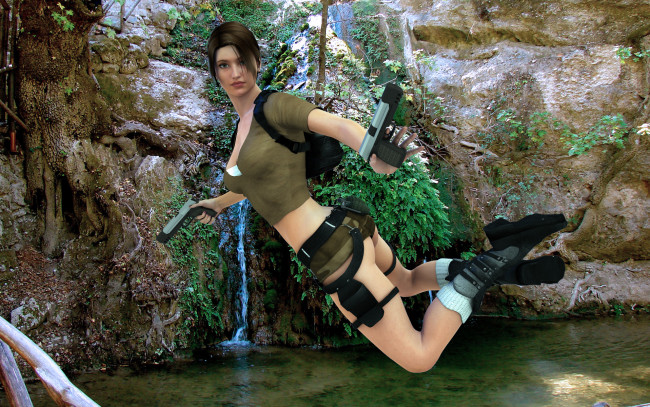 Обои картинки фото 3д, графика, military, лара, крофт, пистолеты, водопад