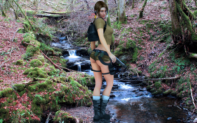 Обои картинки фото 3д, графика, military, рюкзак, лара, крофт, пистолет, попка, граната, лес, водопад