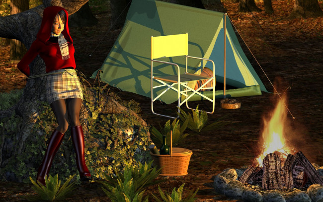 Обои картинки фото 3д, графика, people, люди, костер, девушка