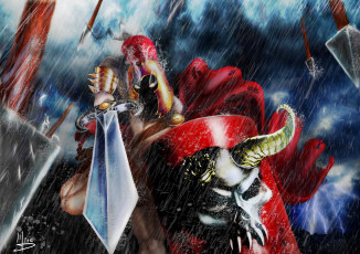 Картинка фэнтези нежить дождь череп меч доспехи воин горящие глаза