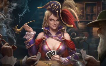 Картинка фэнтези девушки карты игра трубка смог пират девушка стол дым