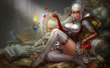 Картинка фэнтези эльфы девушка вино бокал роза арт эльфийка ложе yunpeng li