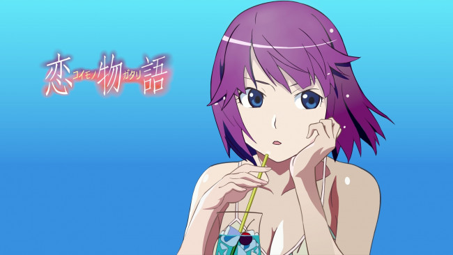 Обои картинки фото аниме, bakemonogatari, фон, взгляд, девушка