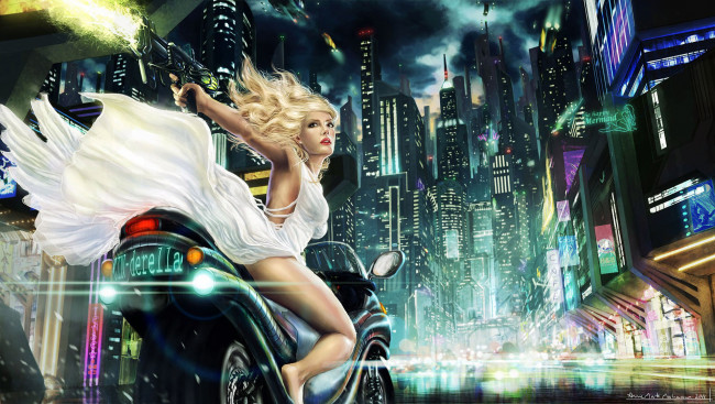 Обои картинки фото фэнтези, девушки, город, девушка, пистолет