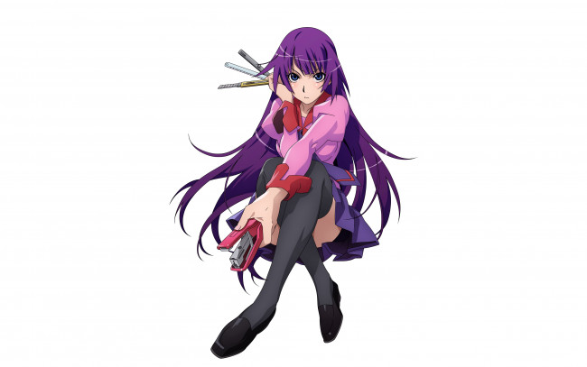 Обои картинки фото аниме, bakemonogatari, девушка, взгляд, фон