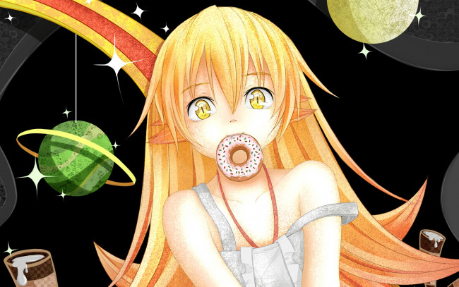 Обои картинки фото аниме, bakemonogatari, фон, девушка, взгляд