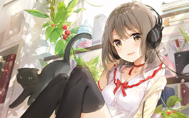 Обои картинки фото аниме, музыка, девушка, взгляд, фон