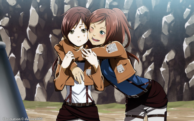 Обои картинки фото аниме, shingeki no kyojin, взгляд, девушки, фон