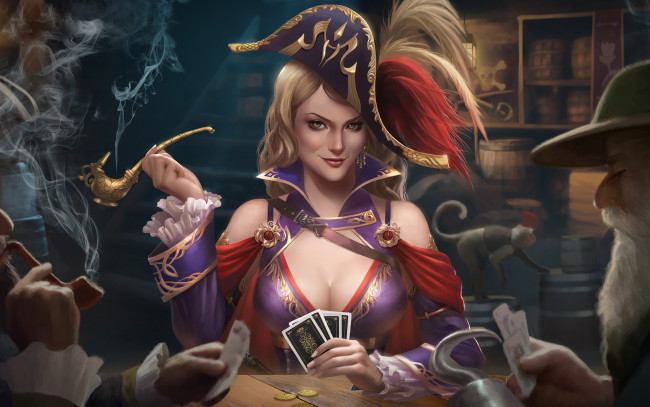 Обои картинки фото фэнтези, девушки, карты, игра, трубка, смог, пират, девушка, стол, дым