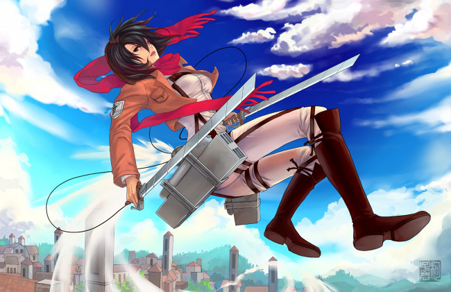 Обои картинки фото аниме, shingeki no kyojin, фон, взгляд, девушка