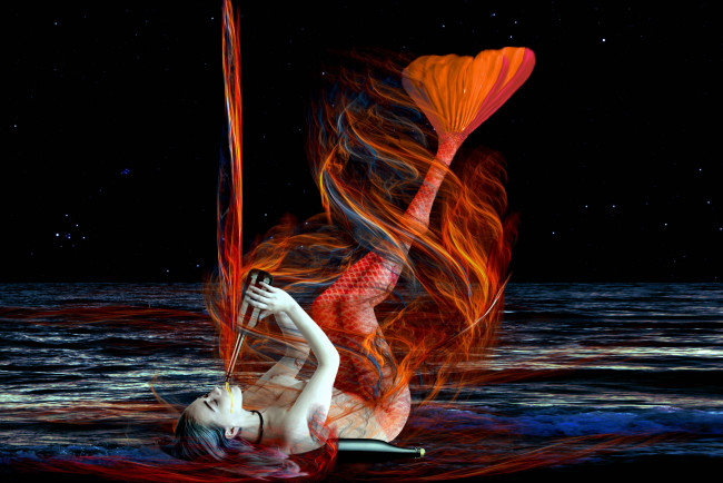 Обои картинки фото фэнтези, русалки, девушка, фон, хвост, бутылка