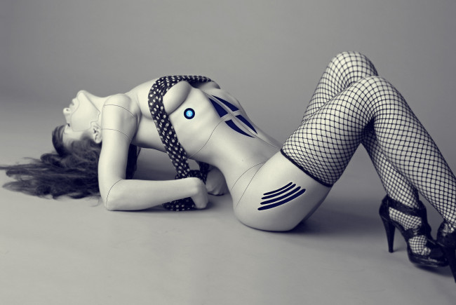 Обои картинки фото фэнтези, роботы,  киборги,  механизмы, девушка, чулки, фон