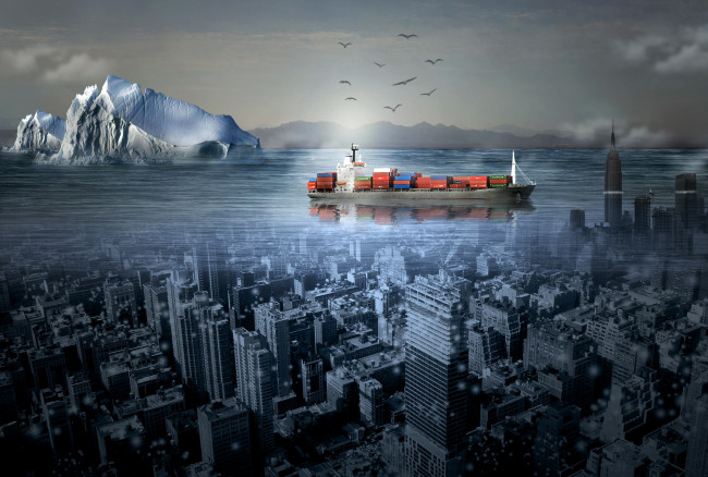 Обои картинки фото разное, компьютерный дизайн, море, корабль, город