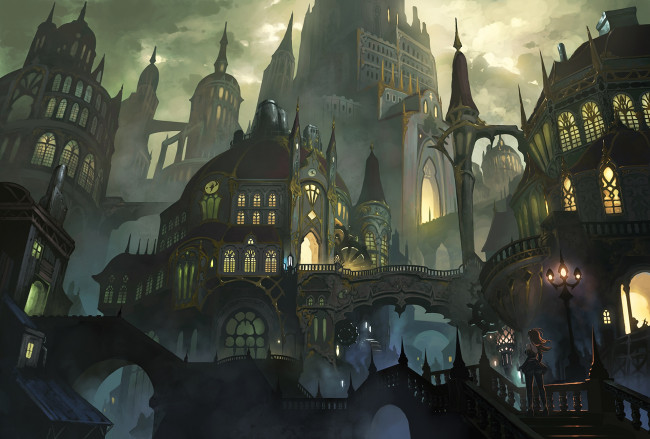 Обои картинки фото аниме, город,  улицы,  здания, фон, взгляд, девушка