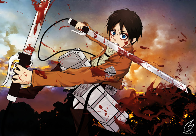 Обои картинки фото аниме, shingeki no kyojin, парень, фон, взгляд