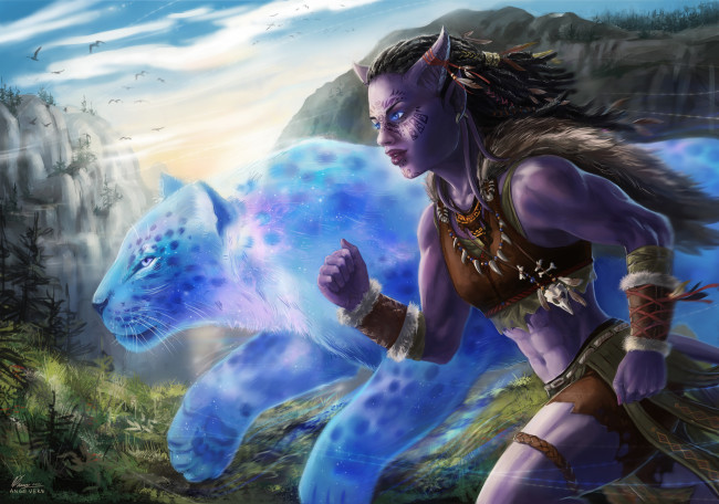 Обои картинки фото фэнтези, существа, горы, животное, девушка, бежит