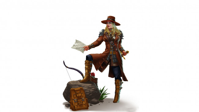 Обои картинки фото фэнтези, девушки, девушка, фон, одежда, меч, лук, рбкзак