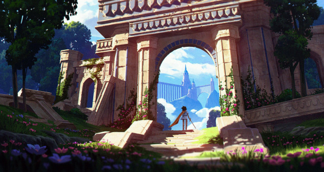 Обои картинки фото фэнтези, иные миры,  иные времена, арка, город, плиты, меч, плащ