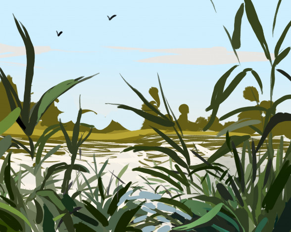 Обои картинки фото рисованное, природа, камыши, река