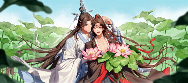 Обои картинки фото аниме, mo dao zu shi, вэй, усянь, лань, ванцзи, лотосы