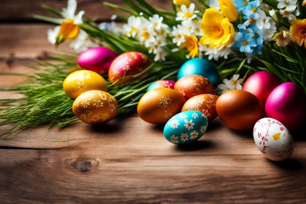 обоя праздничные, пасха, цветы, букет, яйца