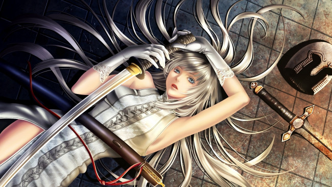 Обои картинки фото hayabusa, yuuki, mangaka, moeru, nihoutou, daizen, artbook, аниме, weapon, blood, technology, девушка, меч