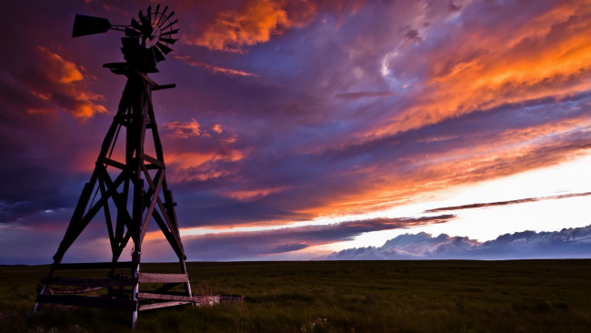 Обои картинки фото природа, другое, ветряк, небо, поле, закат