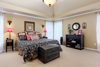 Картинка интерьер спальня кровать комод