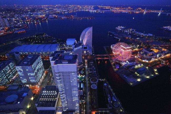 Обои картинки фото города, йокогама, Япония, высотки, ночь, колесо, обозрения, гостиница