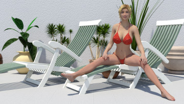 Картинка 3д+графика люди+ people девушка улыбка растение взгляд шезлонг фон