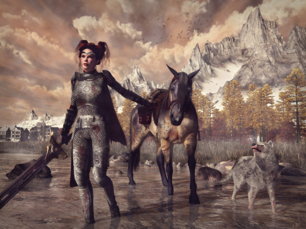 Обои картинки фото 3д графика, амазонки , amazon, девушка, собака, рыжая, горы, деревья, фон, взгляд, лошадь
