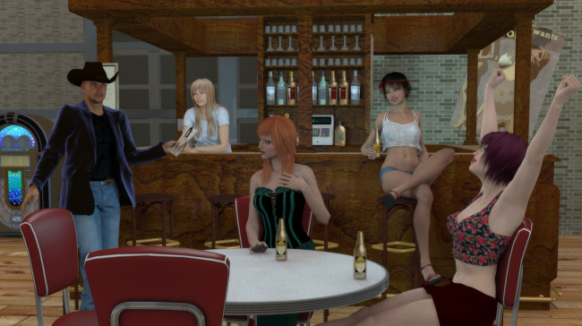 Обои картинки фото 3д графика, люди , people, напитки, стол, мужчина, фон, взгляд, девушки