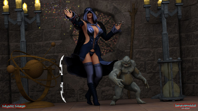 Обои картинки фото 3д графика, фантазия , fantasy, взгляд, девушка, свечи, существо, оружие, фон