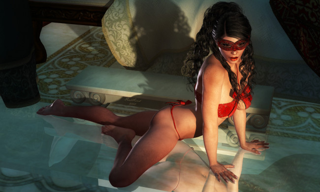 Обои картинки фото 3д графика, люди , people, девушка, маска, фон, взгляд