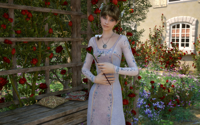 Обои картинки фото 3д графика, люди , people, фон, взгляд, девушка, роза