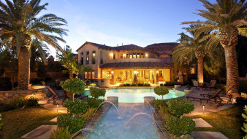 Картинка города -+здания +дома бассейн пальмы фонтаны вилла