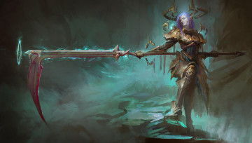 Картинка фэнтези эльфы девушка фон униформа копье