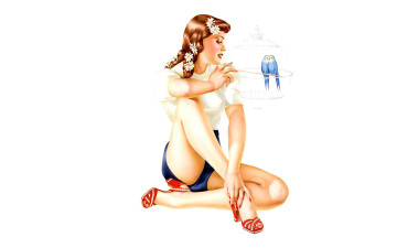 Картинка рисованное люди улыбка цветы каблуки шорты девушка футболка птицы попугаи