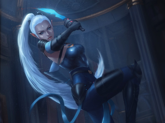 Обои картинки фото фэнтези, эльфы, эльф, фантазия, девушка, взгляд, adalia, белые, волосы, кинжал