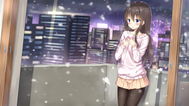 Обои картинки фото аниме, город,  улицы,  здания, взгляд, девушка, фон