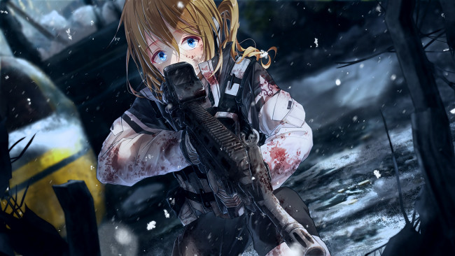 Обои картинки фото аниме, оружие,  техника,  технологии, девушка, взгляд, фон