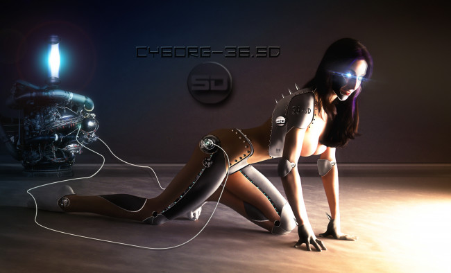 Обои картинки фото фэнтези, роботы,  киборги,  механизмы, девушка, фон, провода