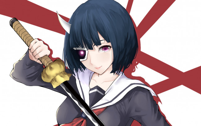 Обои картинки фото аниме, busou shoujo machiavellianism, rin, onigawara, busou, shoujo, machiavellianism, japanese, martial, artist, mask, blade, armed, girl's, machiavellism, ken, katana, sword, horn, seifuku, bishojo