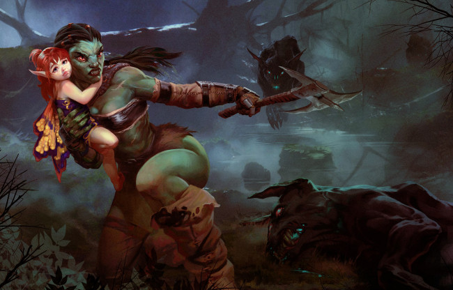 Обои картинки фото фэнтези, существа, существо, женщина, битва, ребенок, эльф